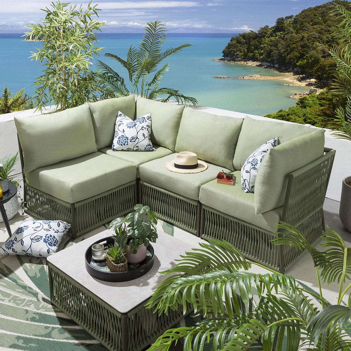 Castillo Outdoor Sofa Set 4 Seater and 1 Center Table Set (Green) Braided & Rope