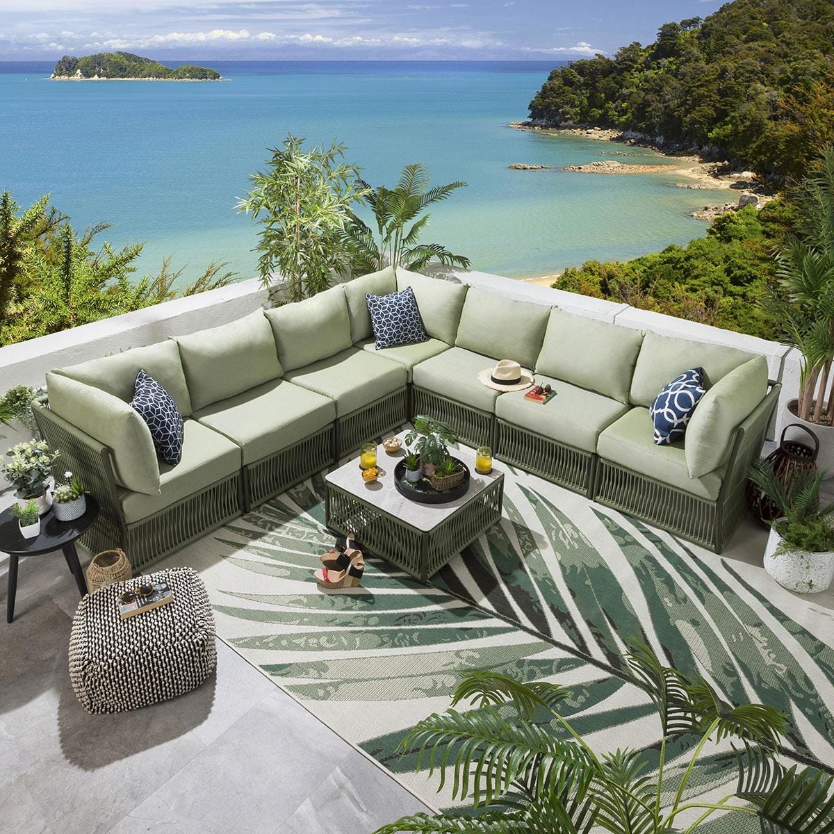 Torrez Outdoor Sofa Set 7 Seater, 1 Center Table Set (Green) Braided & Rope
