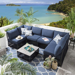 Jerez Outdoor Sofa Set 6 Seater and 1 Center Table Set (Blue) Braided & Rope
