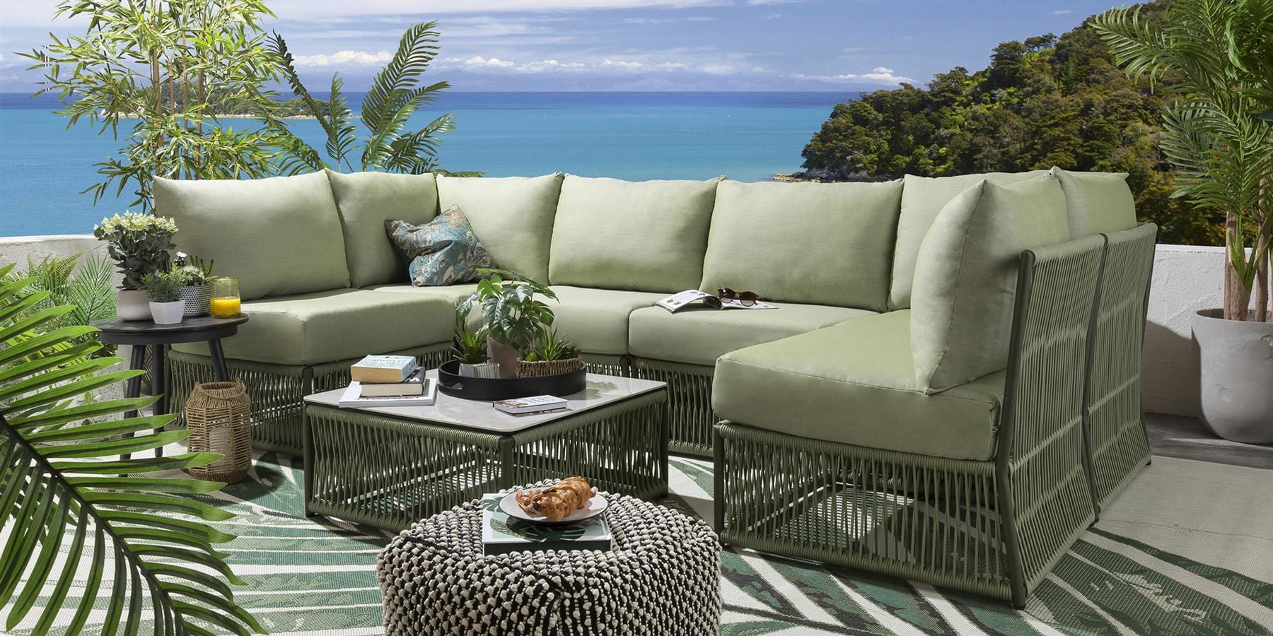 Vonnegut Outdoor Sofa Set 6 Seater and 1 Center Table Set (Green) Braided & Rope