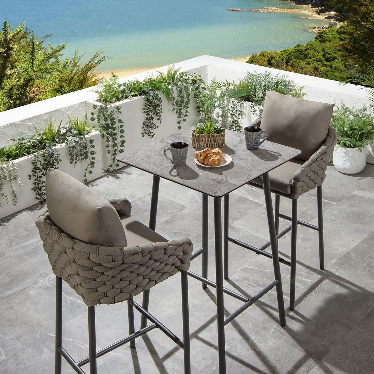 Lario Outdoor Patio Bar Set 2 Chairs and 1 Table Set Braided & Rope (Beige)