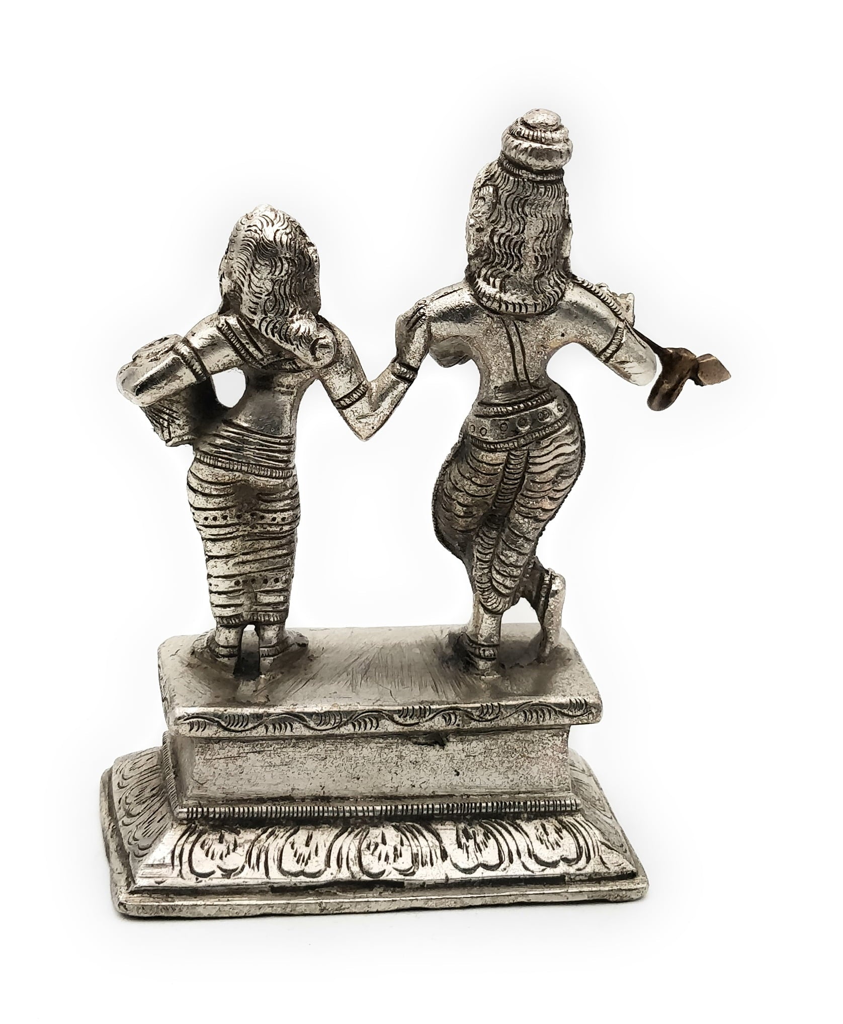 Brass Radha Krishna Idol | Radha Krishna Murti Moorti Vigraha Pratima Statue | Peetal Pital Pittal Divine Couple Sculpture for Home Decor, Pooja Mandir & Wedding Gift, Silver, 5.5 Inch, 1 Piece