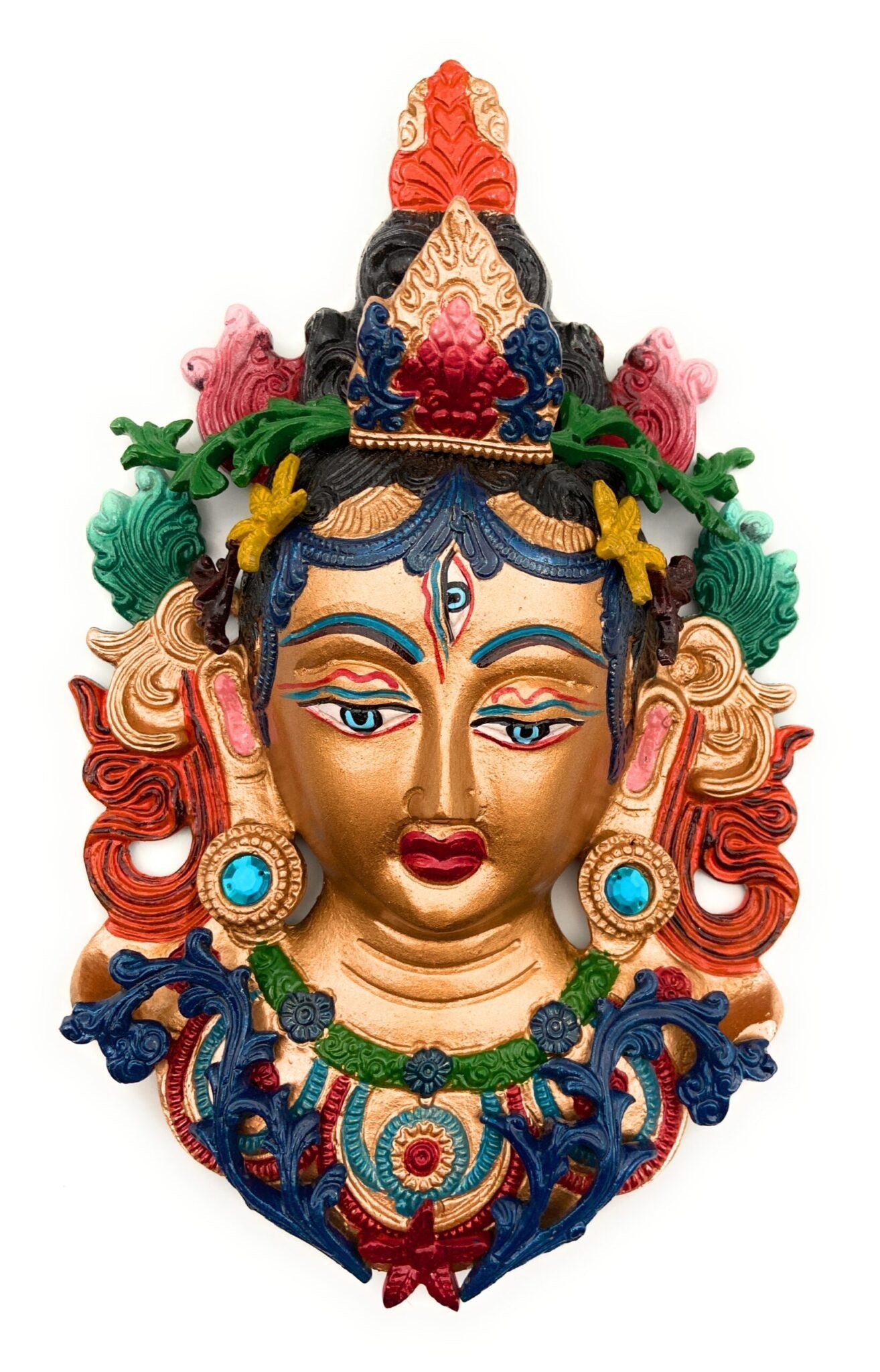 Hand Painted Brass Tara Face Idol, Tibetan Arya Tara Devi Drolma Mask, Pitala Durga Face Wall Hanging, 12 Inch, 1 Piece