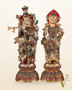 Radha Krishna Brass idols 18 inch with ring stonework