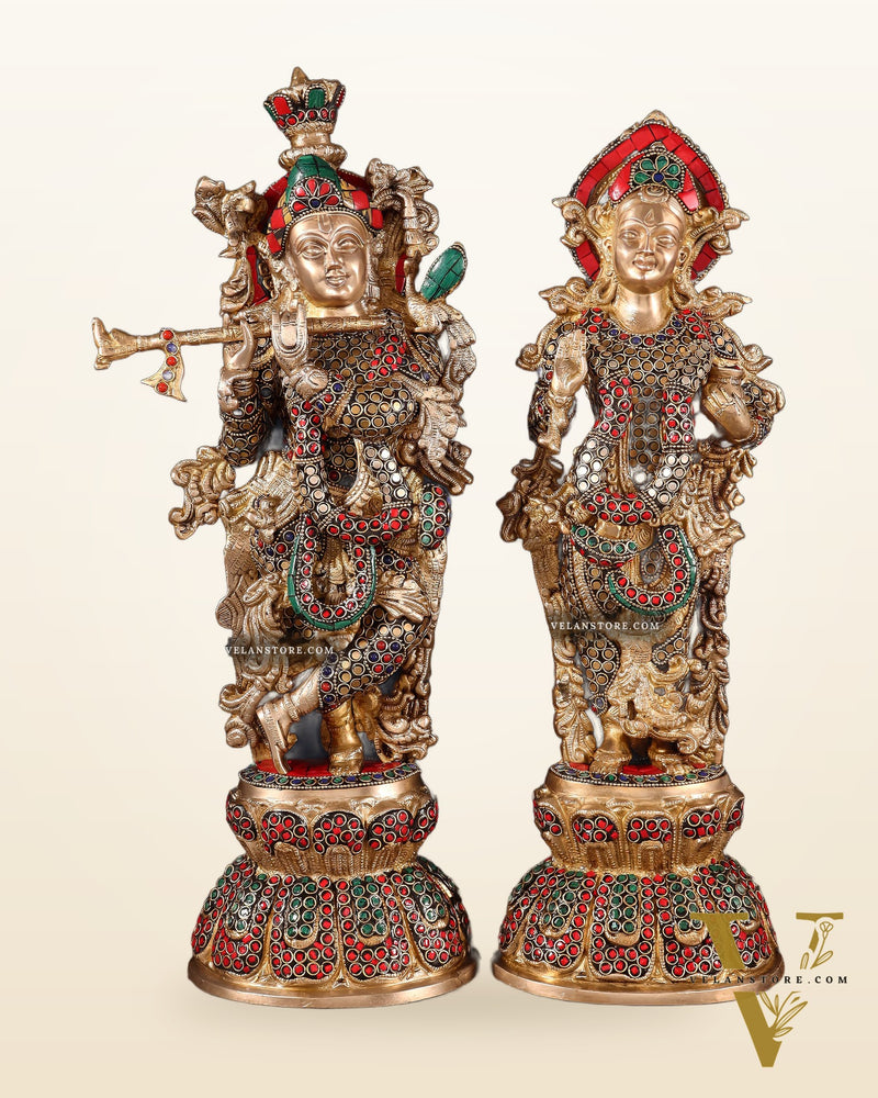 Radha Krishna Brass idols 18 inch with ring stonework