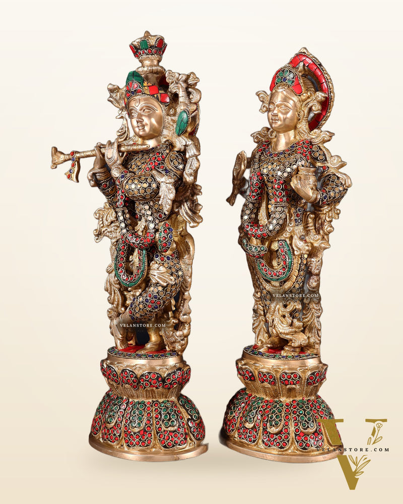Radha Krishna Brass idols 18 inch with ring stonework