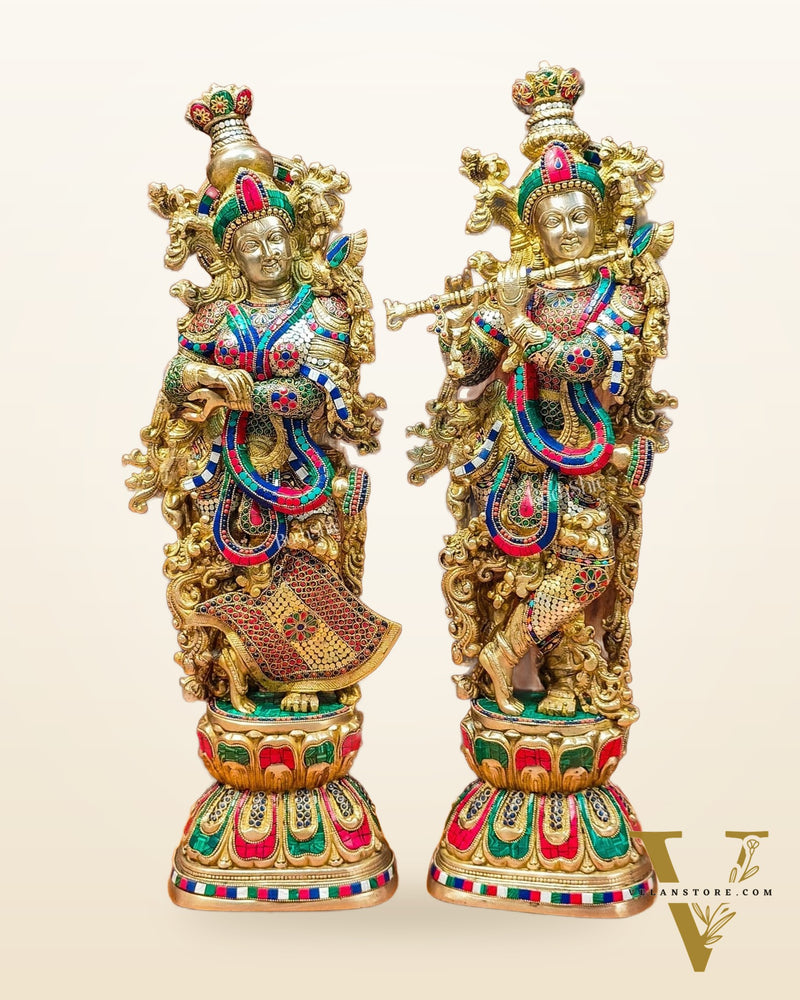 Radha Krishna Brass idols 29 inches with stonework