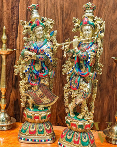 Radha Krishna Brass idols 29 inches with stonework