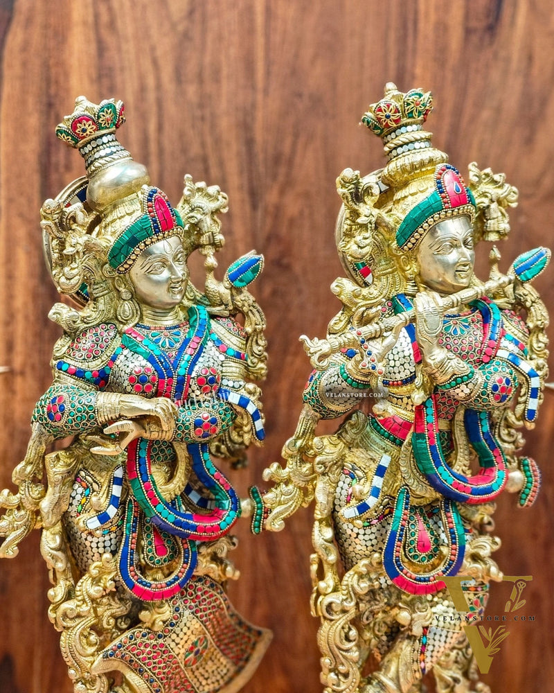 Radha Krishna Brass idols 29 inches with stonework