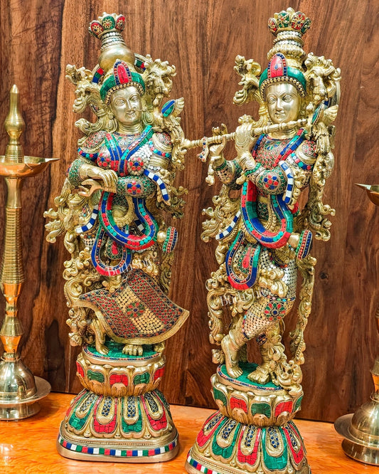 Radha Krishna Brass idols 29 inches with stonework