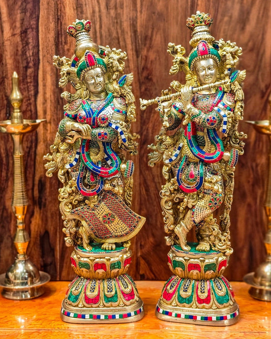 Radha Krishna Brass idols 29 inches with stonework
