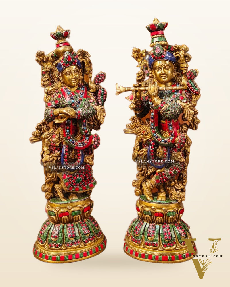 Radha Krishna Brass idols with Stonework 21 inch