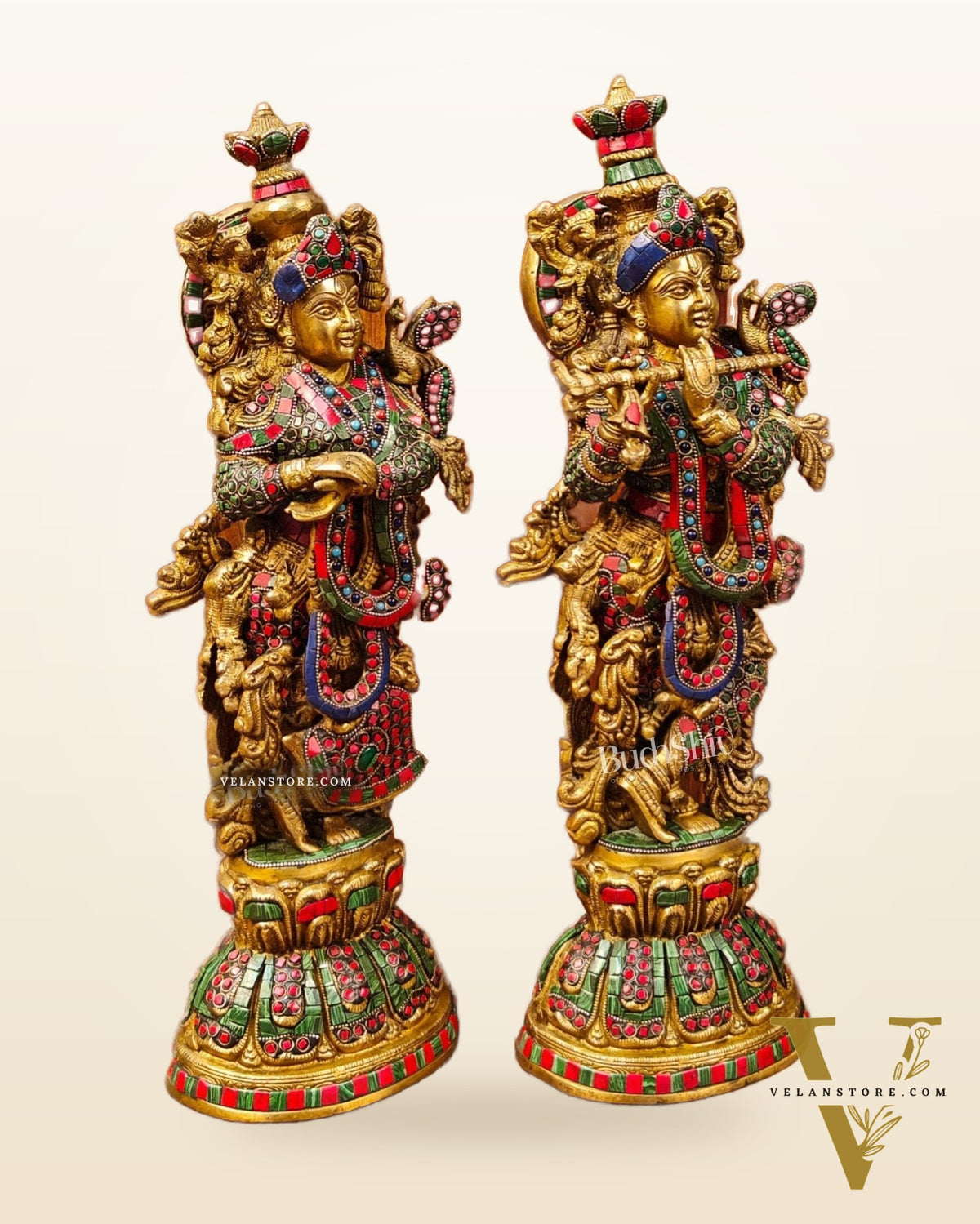 Radha Krishna Brass idols with Stonework 21 inch