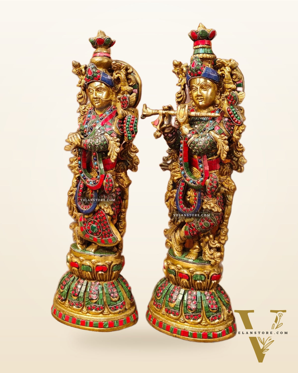 Radha Krishna Brass idols with Stonework 21 inch