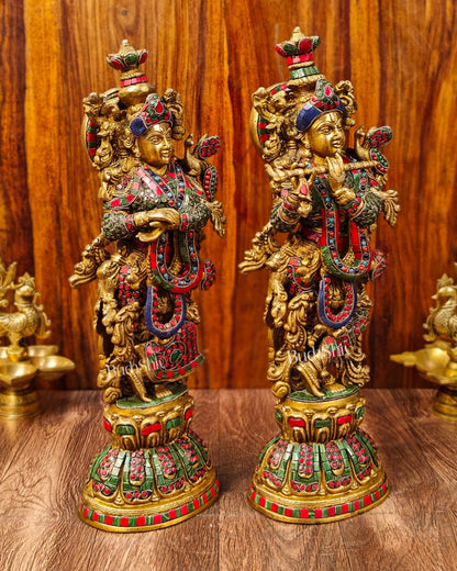 Radha Krishna Brass idols with Stonework 21 inch