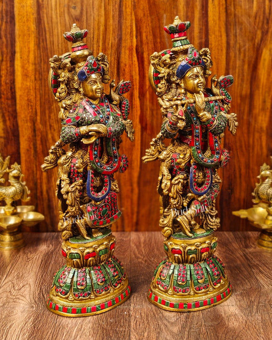 Radha Krishna Brass idols with Stonework 21 inch