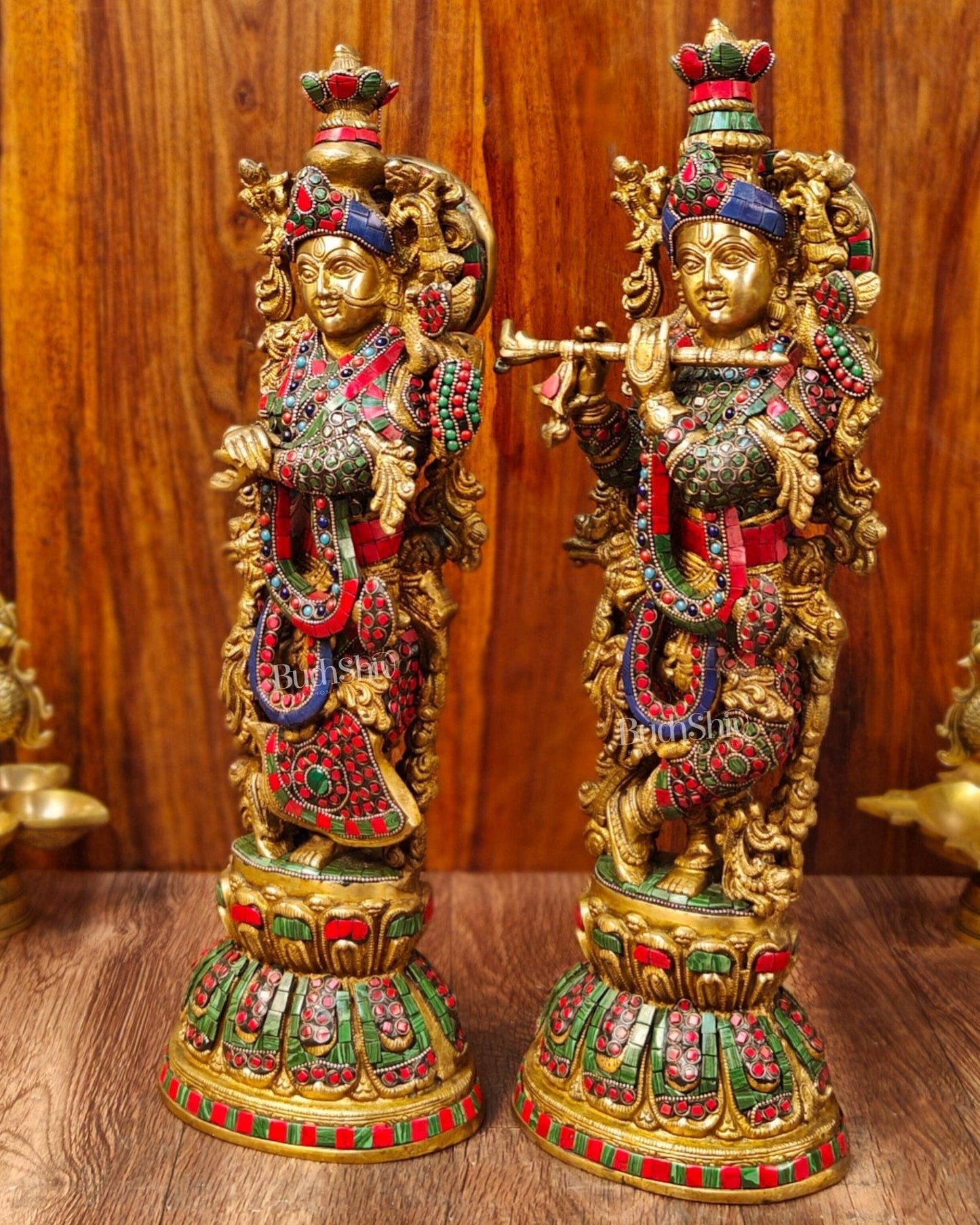 Radha Krishna Brass idols with Stonework 21 inch