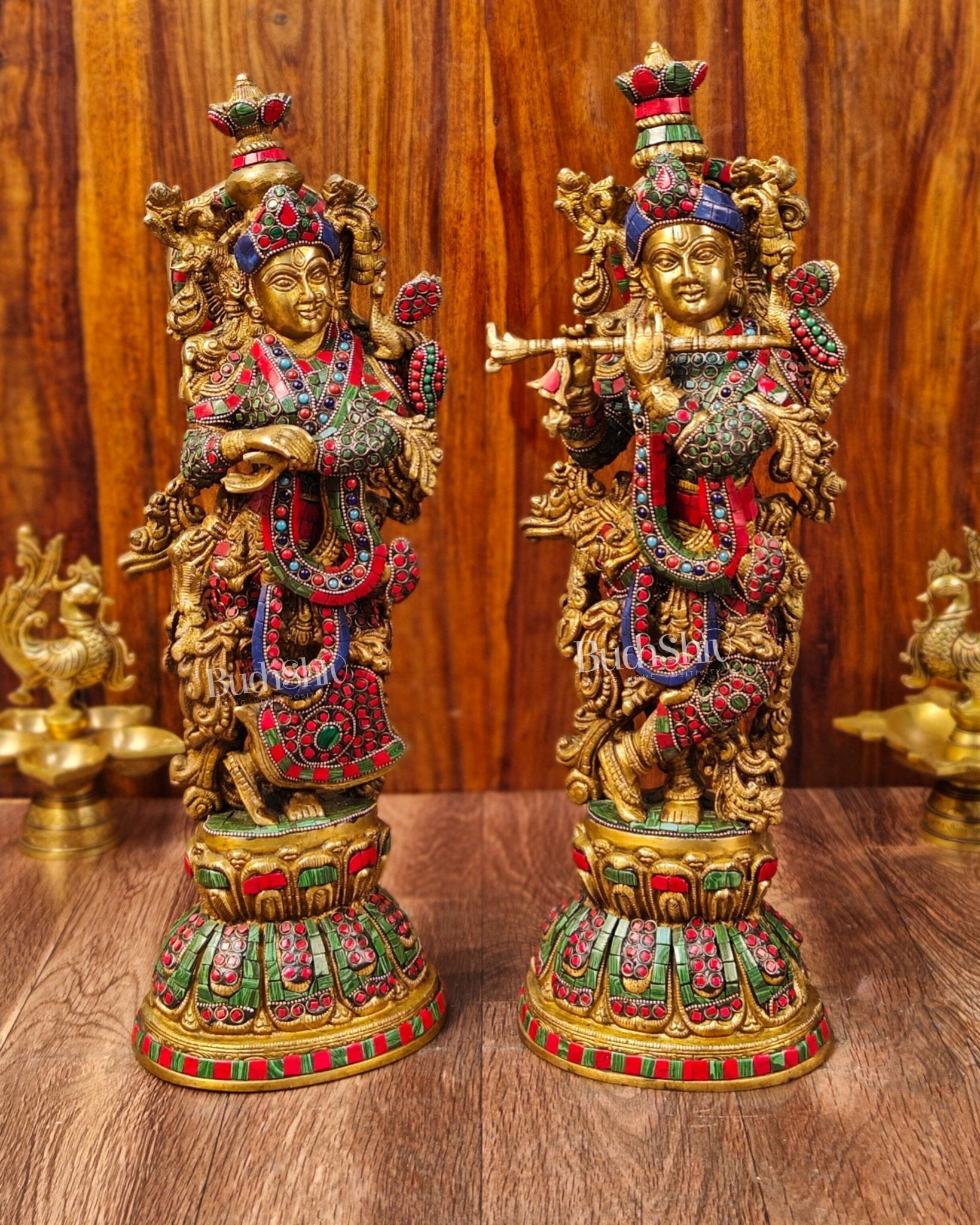 Radha Krishna Brass idols with Stonework 21 inch