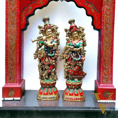 Radha Krishna Brass idols with stonework 30 inch