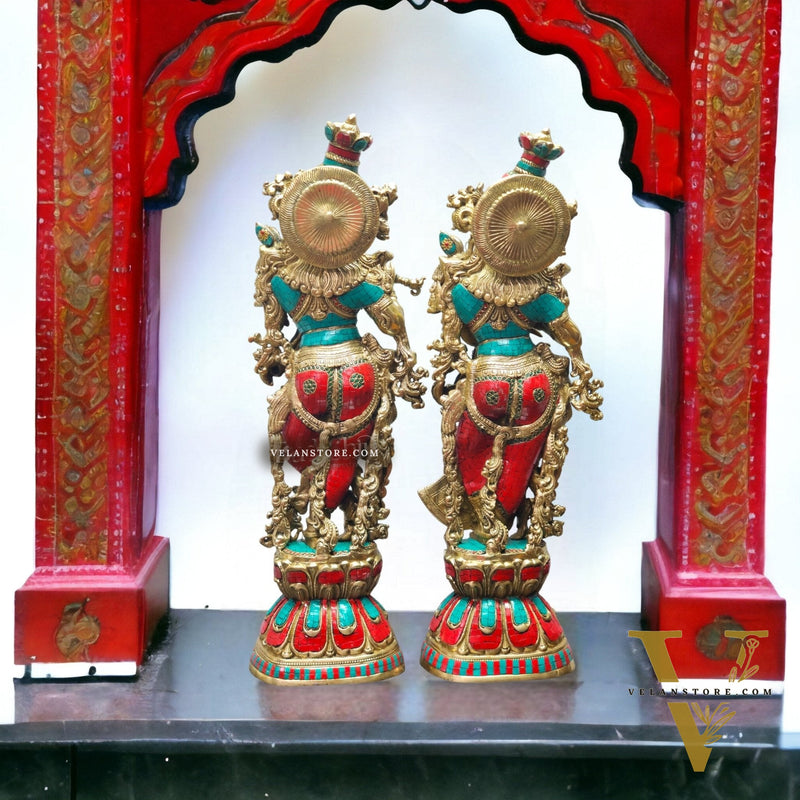 Radha Krishna Brass idols with stonework 30 inch