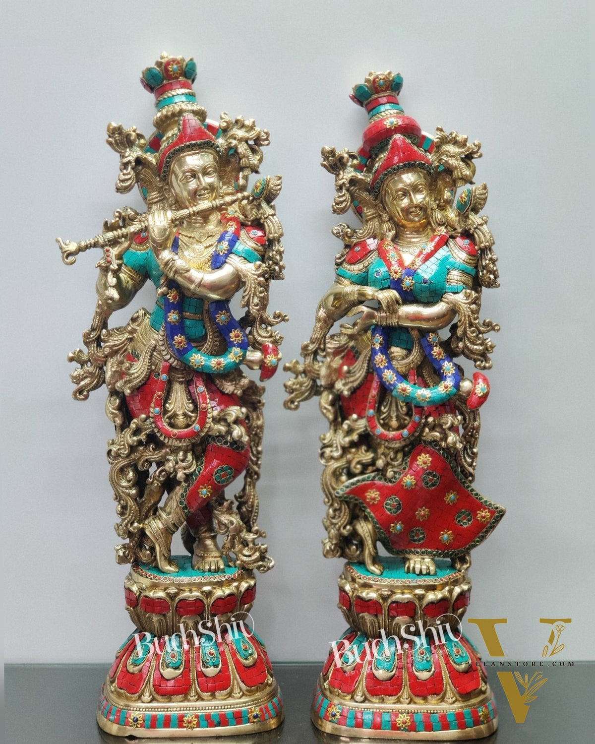 Radha Krishna Brass idols with stonework 30 inch