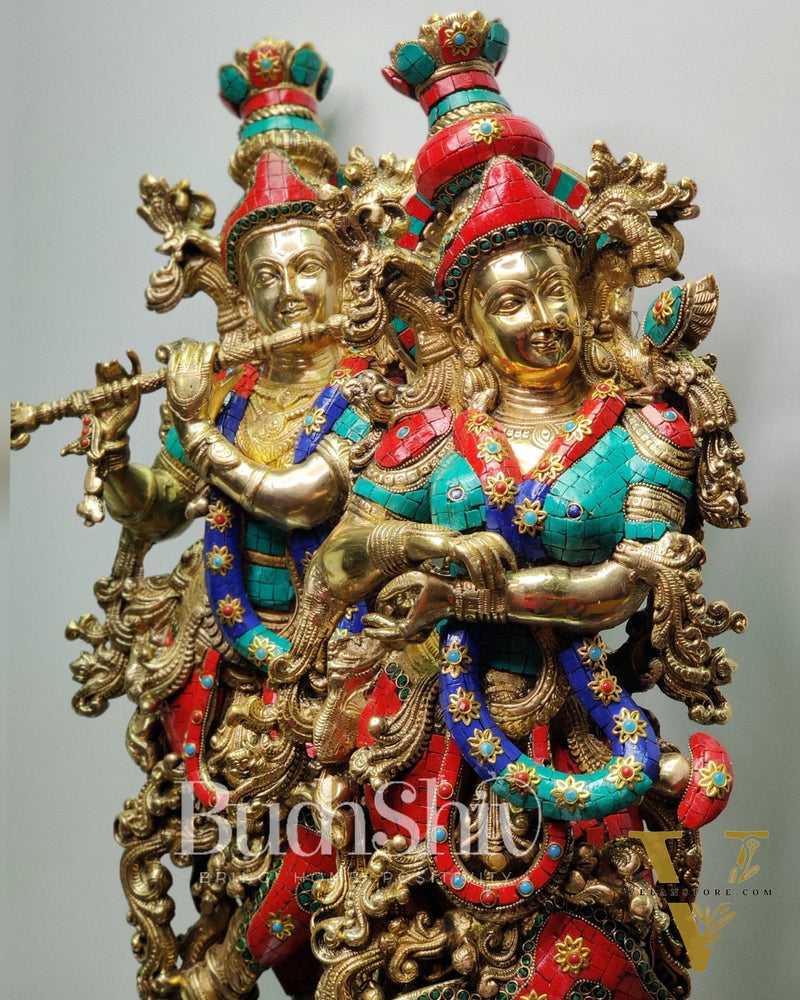 Radha Krishna Brass idols with stonework 30 inch