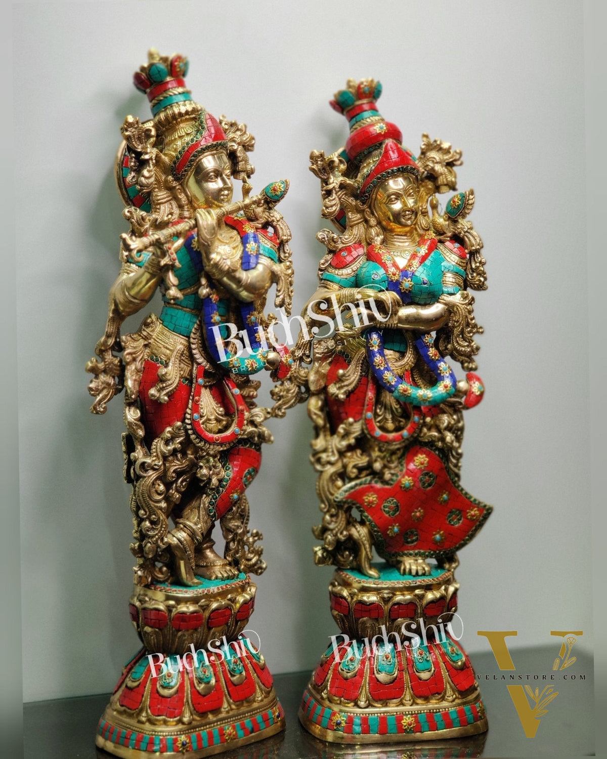 Radha Krishna Brass idols with stonework 30 inch