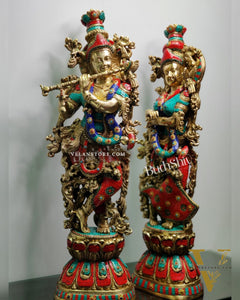 Radha Krishna Brass idols with stonework 30 inch