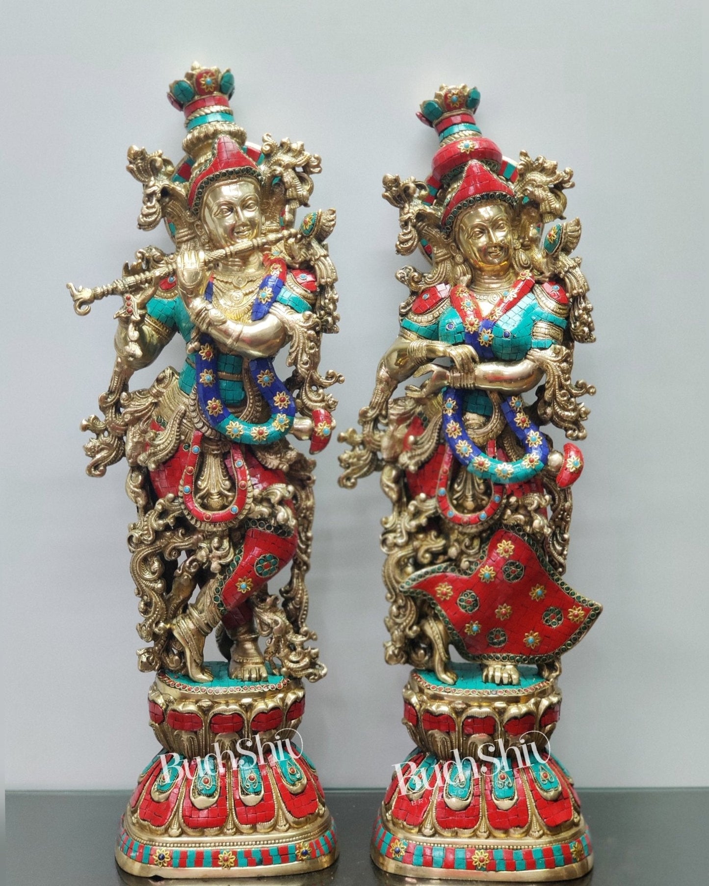Radha Krishna Brass idols with stonework 30 inch
