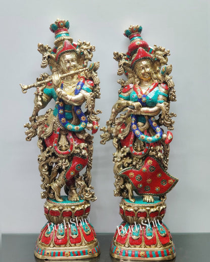 Radha Krishna Brass idols with stonework 30 inch