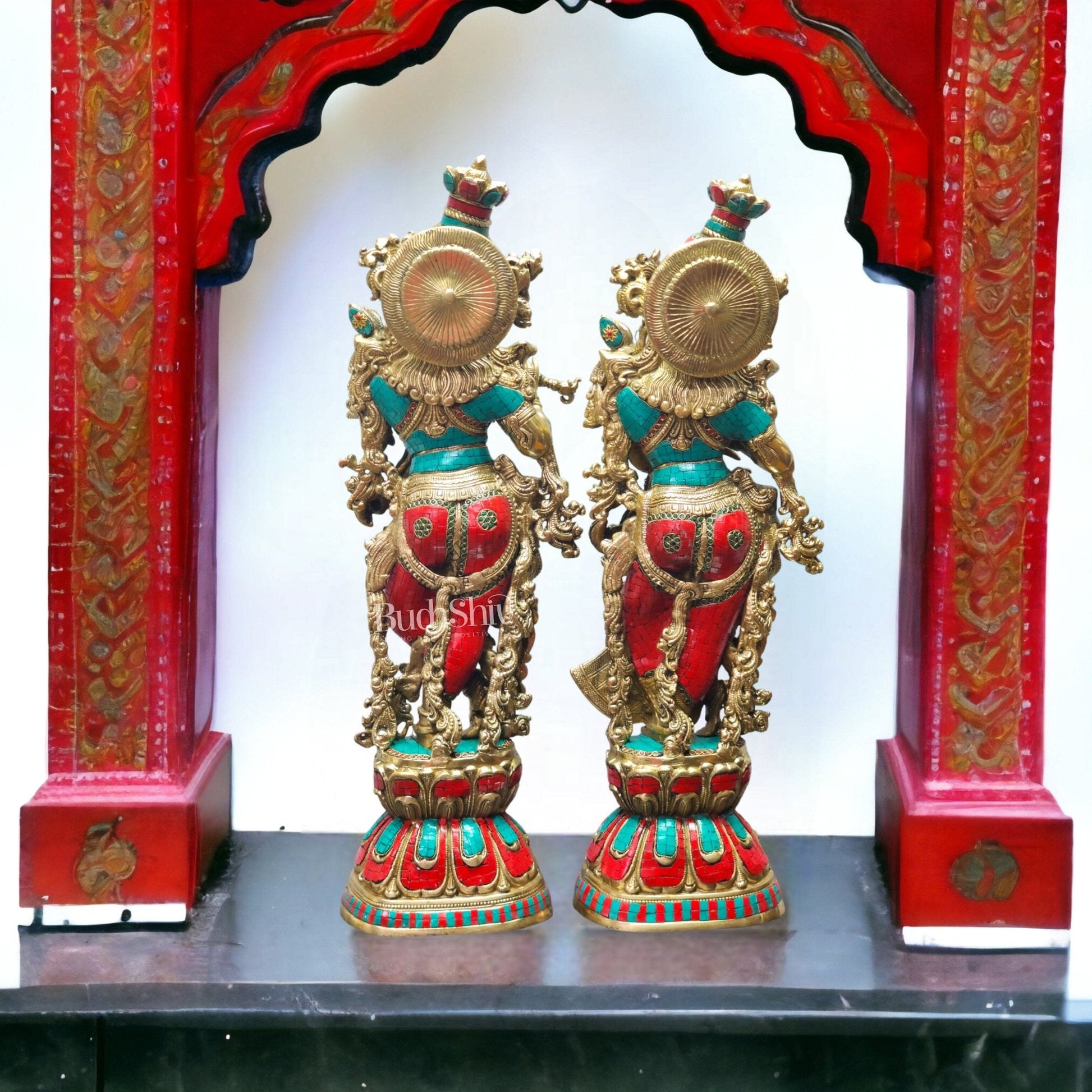 Radha Krishna Brass idols with stonework 30 inch