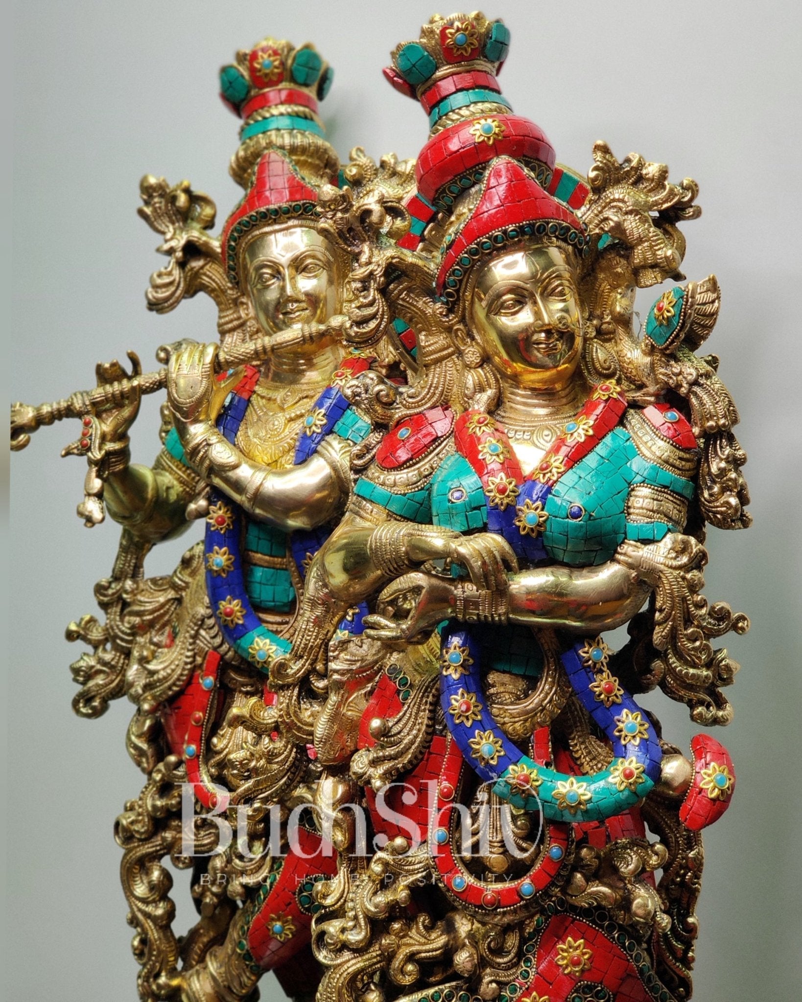Radha Krishna Brass idols with stonework 30 inch