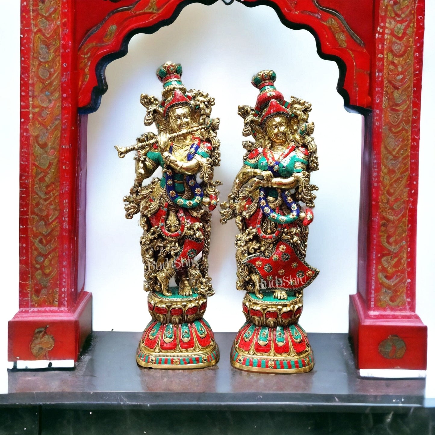Radha Krishna Brass idols with stonework 30 inch