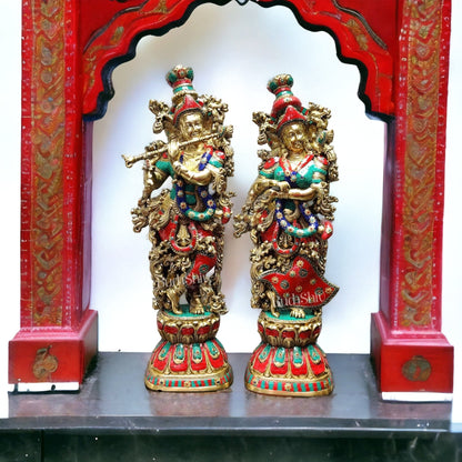 Radha Krishna Brass idols with stonework 30 inch