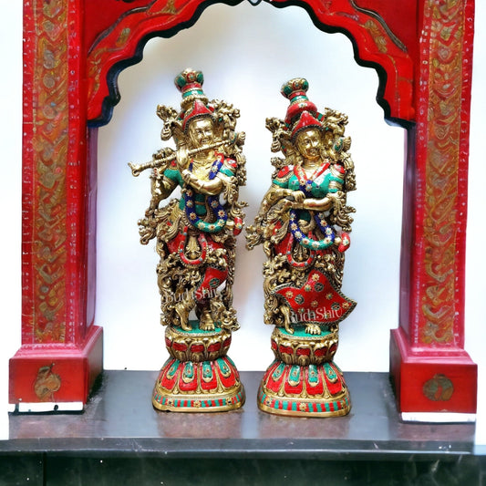Radha Krishna Brass idols with stonework 30 inch