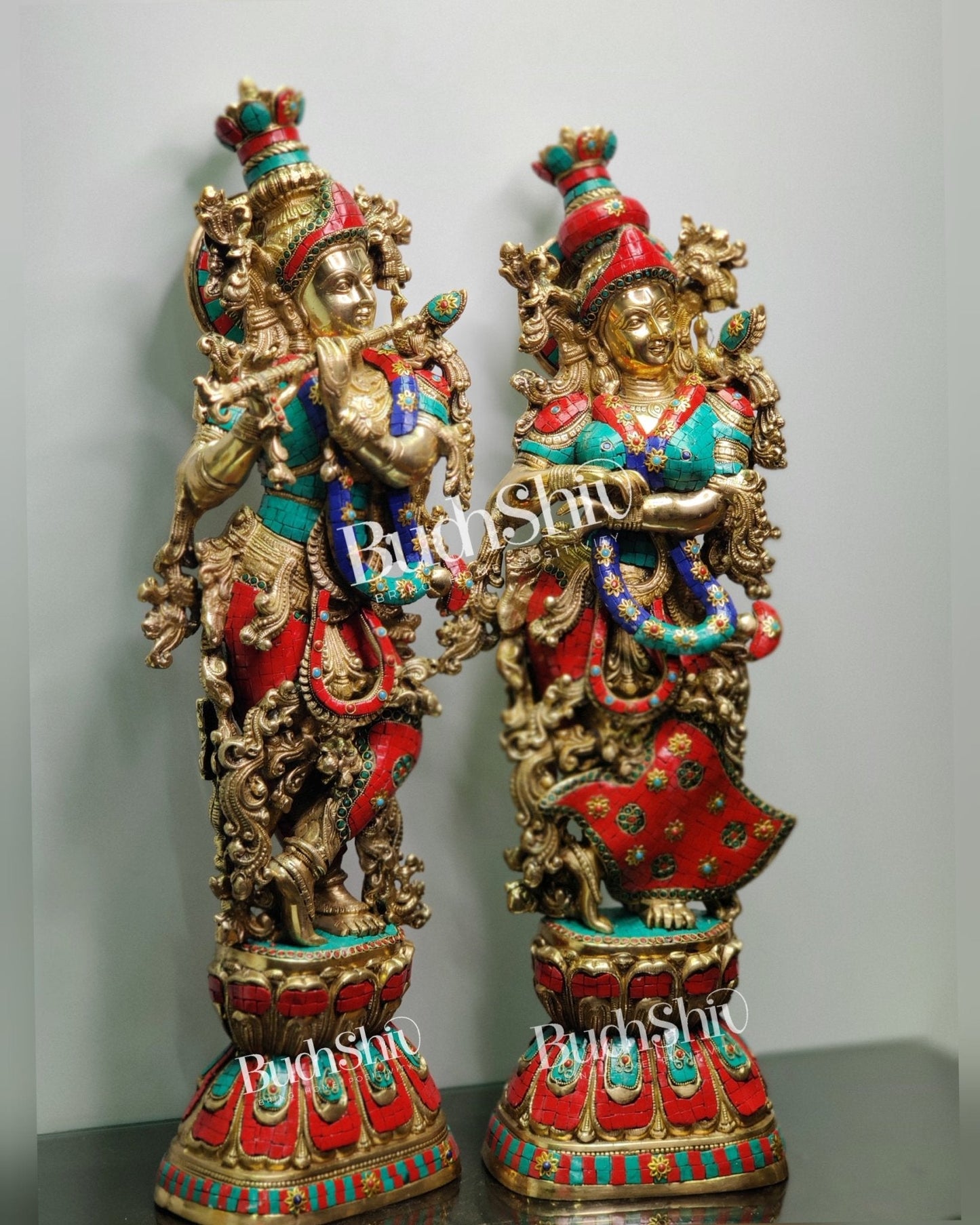 Radha Krishna Brass idols with stonework 30 inch