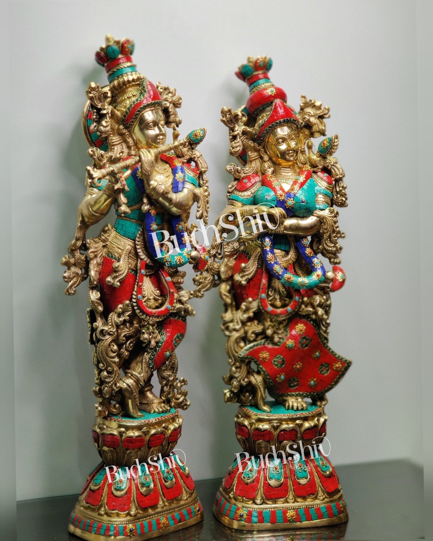 Radha Krishna Brass idols with stonework 30 inch