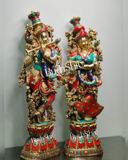 Radha Krishna Brass idols with stonework 30 inch
