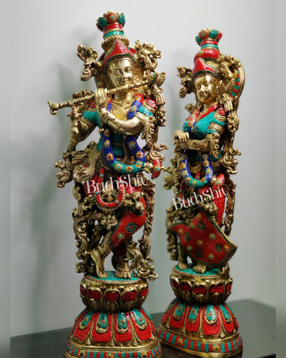 Radha Krishna Brass idols with stonework 30 inch