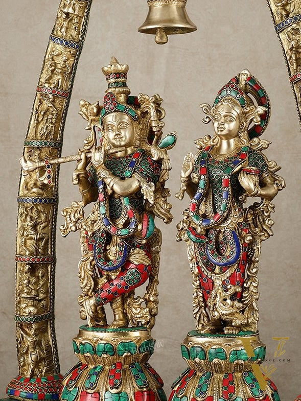 Radha Krishna Idols with Temple Arch Frame - Brass Superfine, Meenakari Stonework, 35"