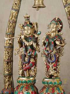 Radha Krishna Idols with Temple Arch Frame - Brass Superfine, Meenakari Stonework, 35"