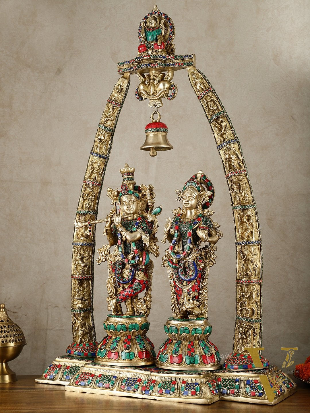 Radha Krishna Idols with Temple Arch Frame - Brass Superfine, Meenakari Stonework, 35"
