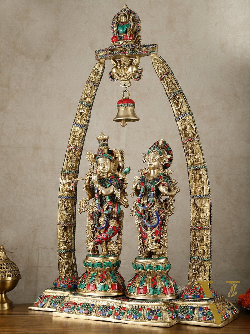 Radha Krishna Idols with Temple Arch Frame - Brass Superfine, Meenakari Stonework, 35"