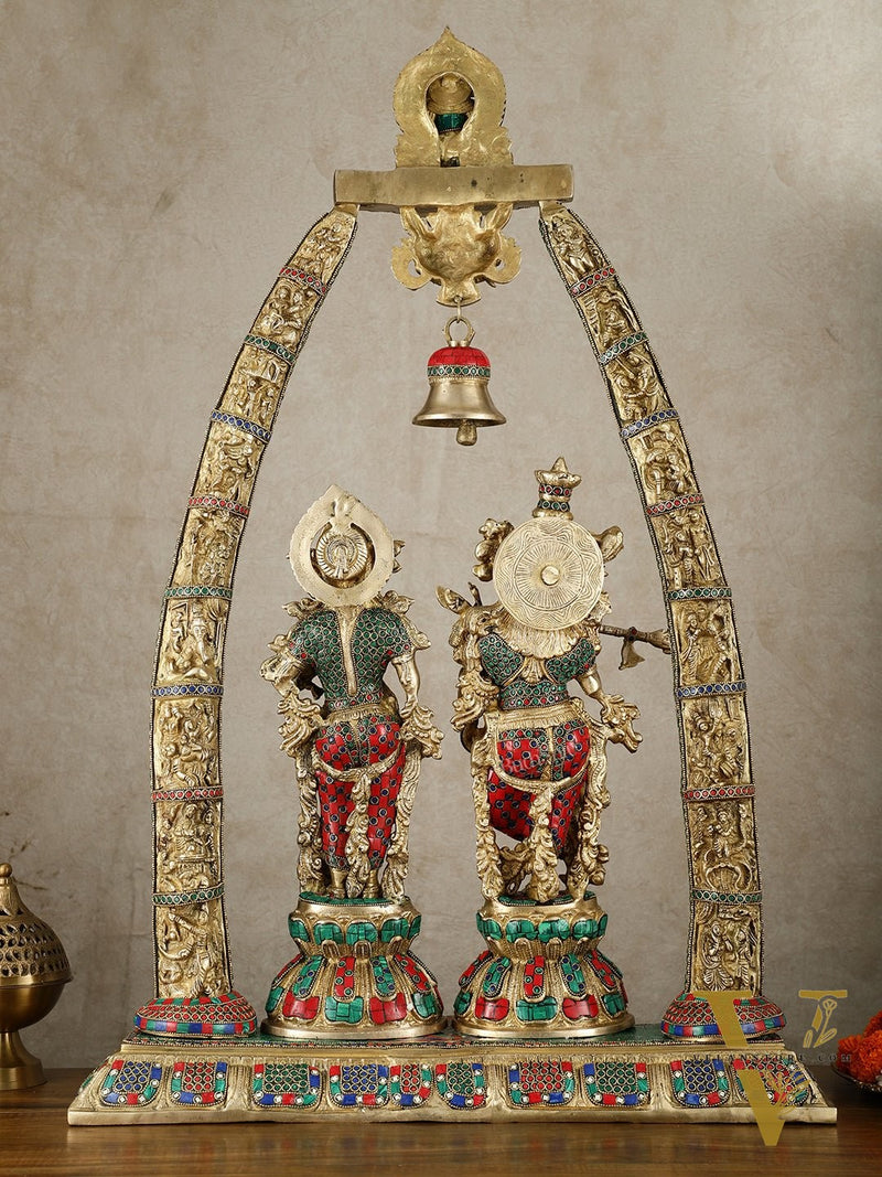 Radha Krishna Idols with Temple Arch Frame - Brass Superfine, Meenakari Stonework, 35"