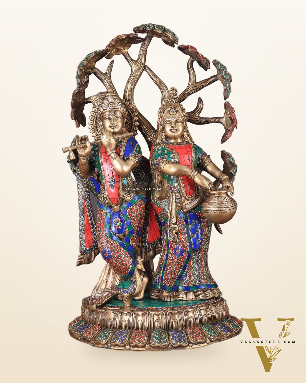 Radha Krishna Under Kadamba Tree | Superfine Brass Sculpture | 21 Inch Height with stonework