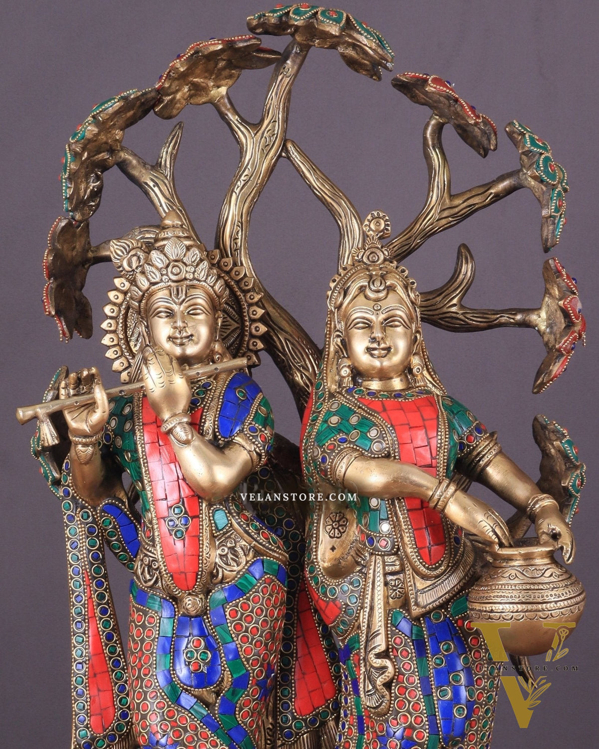 Radha Krishna Under Kadamba Tree | Superfine Brass Sculpture | 21 Inch Height with stonework