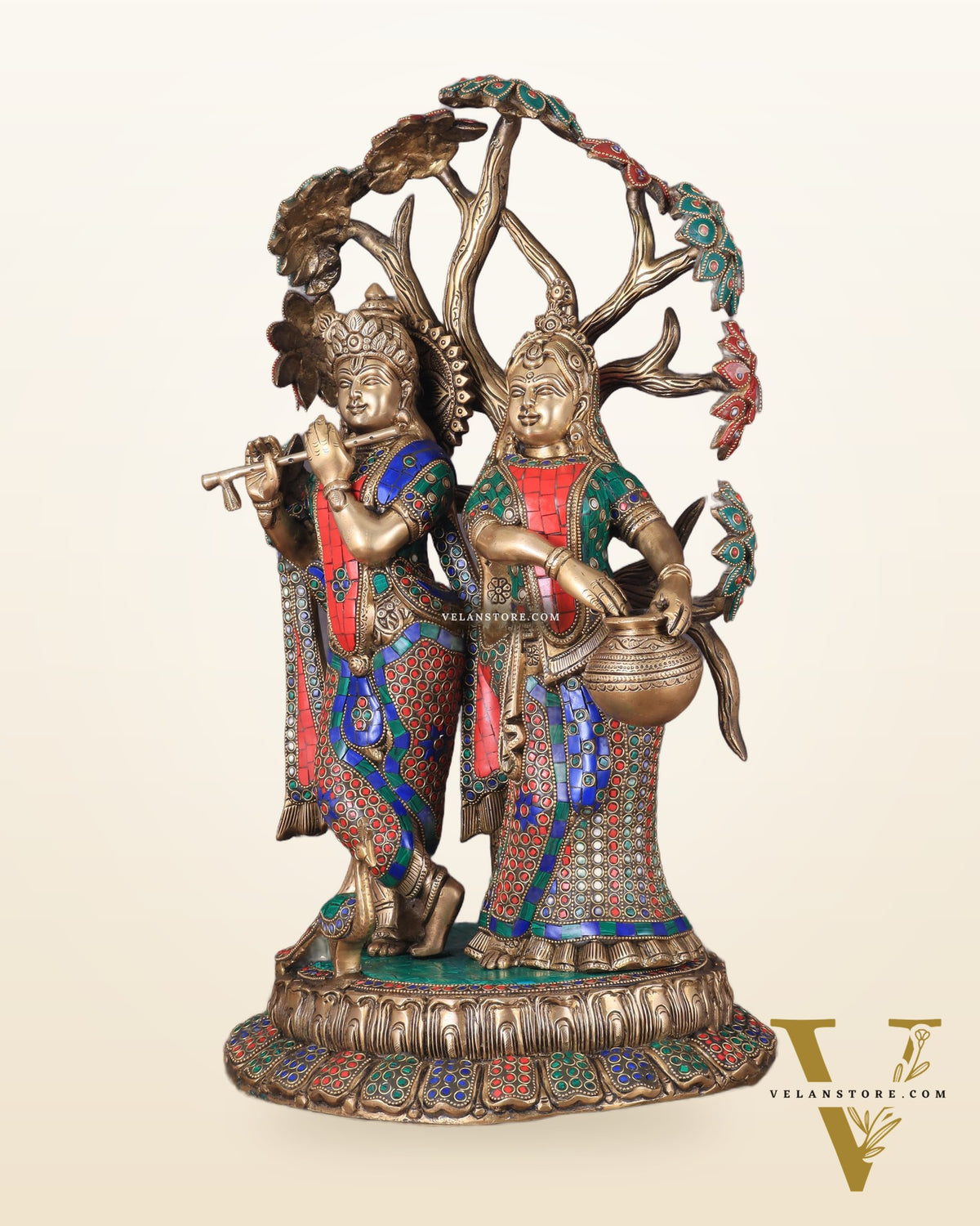 Radha Krishna Under Kadamba Tree | Superfine Brass Sculpture | 21 Inch Height with stonework