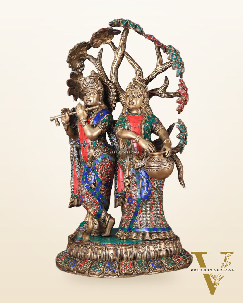 Radha Krishna Under Kadamba Tree | Superfine Brass Sculpture | 21 Inch Height with stonework
