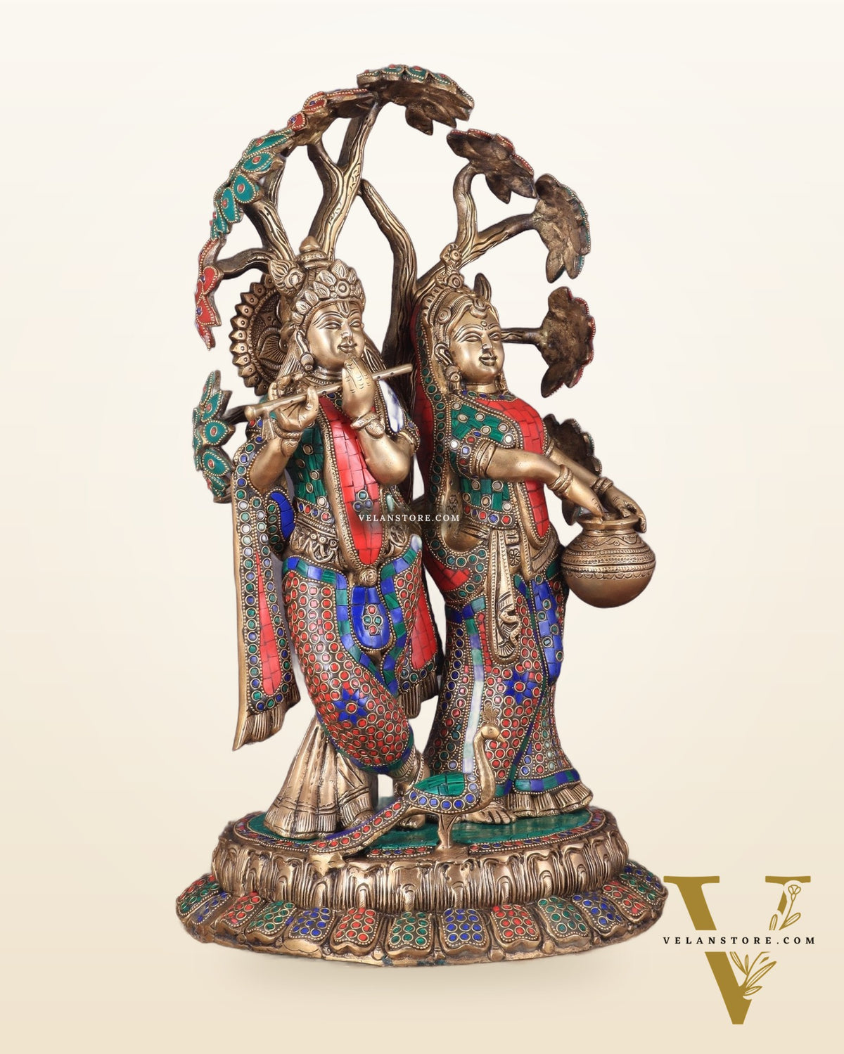 Radha Krishna Under Kadamba Tree | Superfine Brass Sculpture | 21 Inch Height with stonework