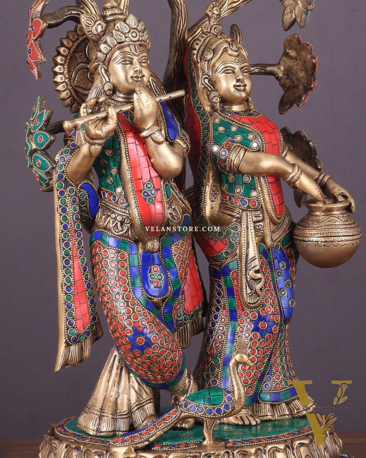 Radha Krishna Under Kadamba Tree | Superfine Brass Sculpture | 21 Inch Height with stonework